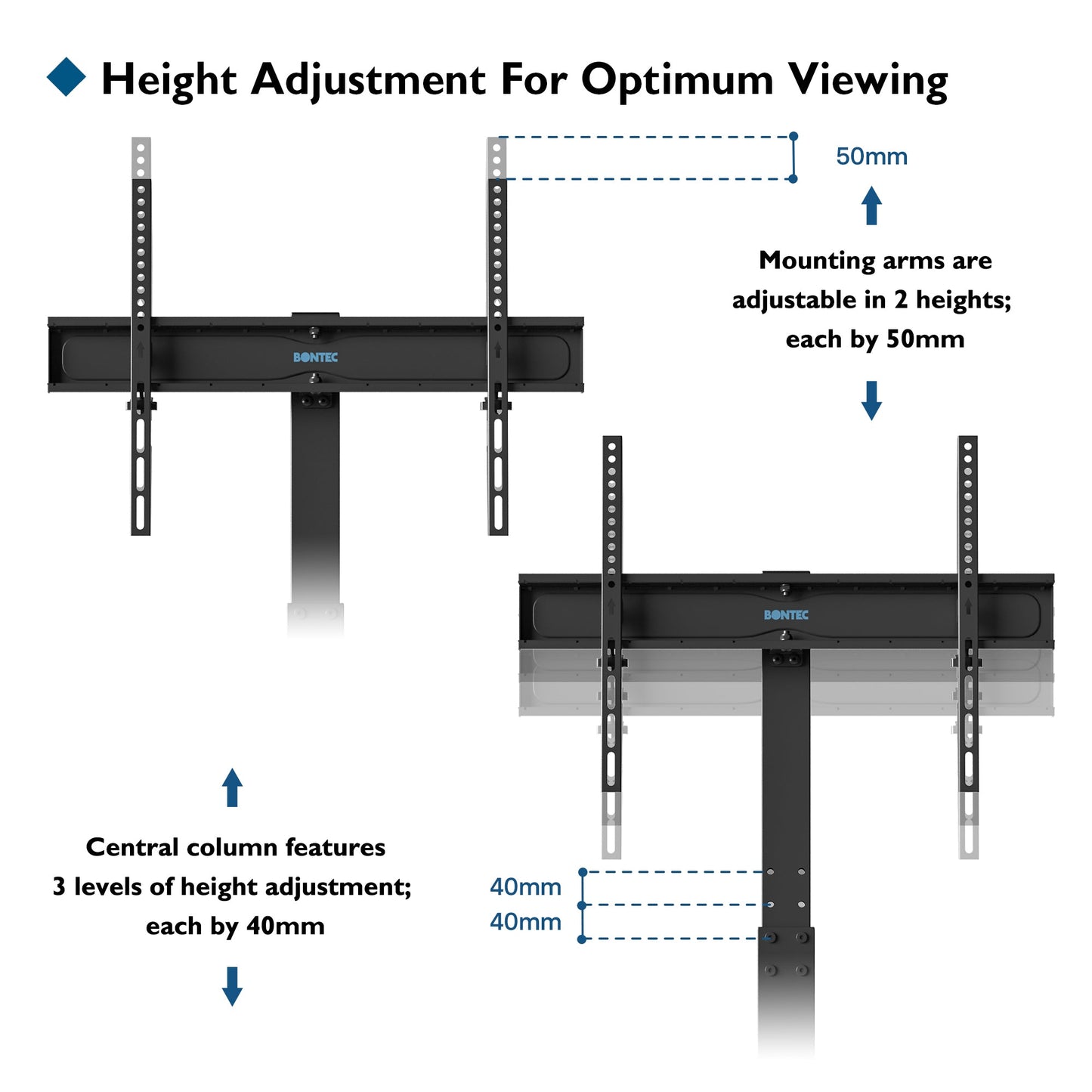 BONTEC Universal Floor TV Stand for 30-70 inch LED OLED LCD Plasma Flat Curved Screens, Height Adjustable Tall TV Stand with 3-Tier Tempered Glass Shelves up to 40KG, Max VESA 600x400mm