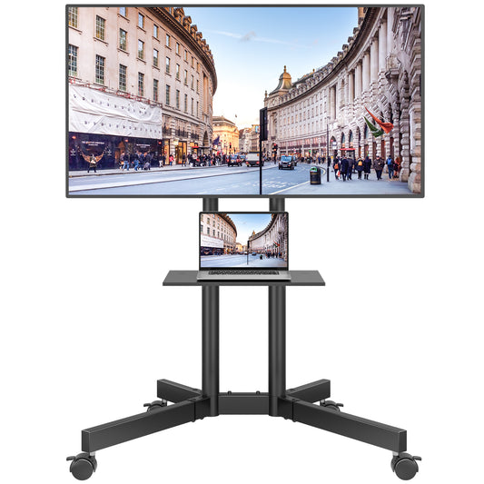 BONTEC Mobile TV Stand on Wheels, Rolling TV Cart with Locking Wheels for 32-85” LED, LCD, OLED Flat & Curved TVs, Tilt, Height Adjustable, Max VESA 600x400mm, 55kg Capacity, Laptop Shelf