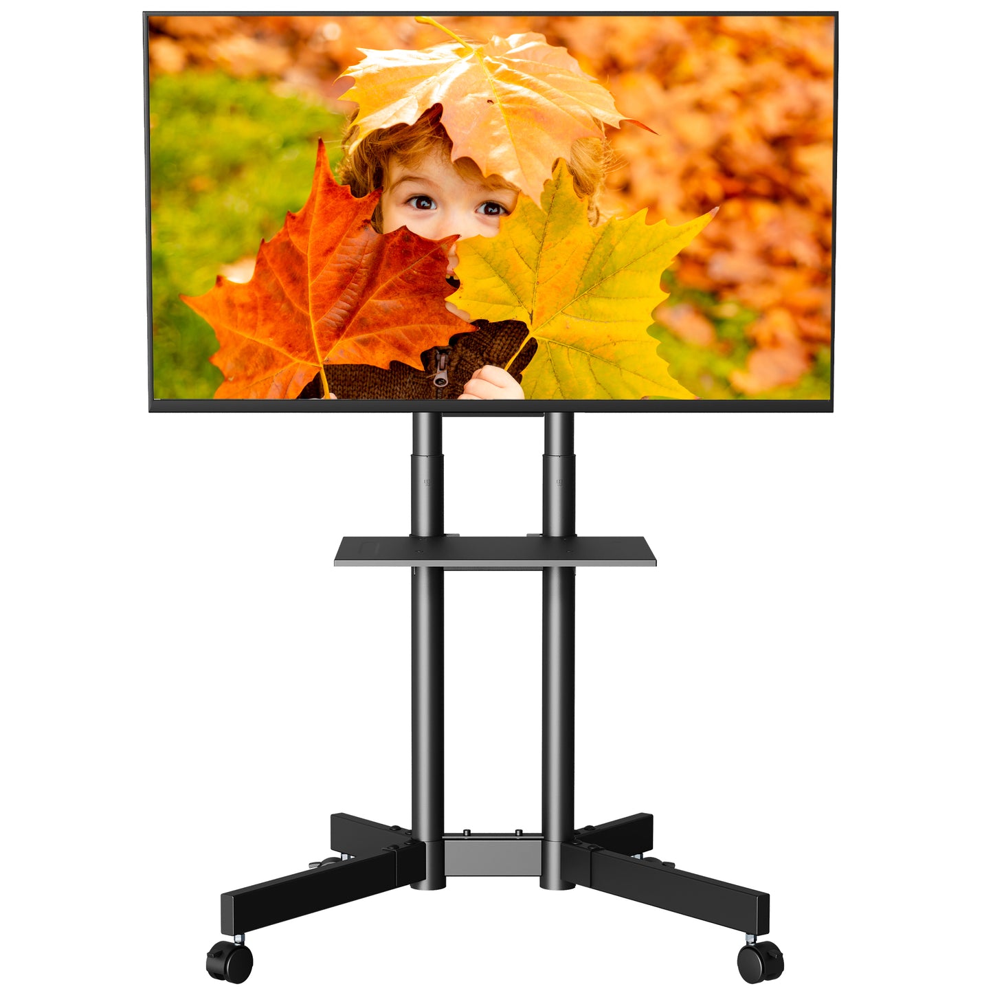 BONTEC Mobile TV Stand on Wheels, Rolling TV Cart with Locking Wheels for 32-85” LED, LCD, OLED Flat & Curved TVs, Tilt, Height Adjustable, Max VESA 600x400mm, 55kg Capacity, Laptop Shelf