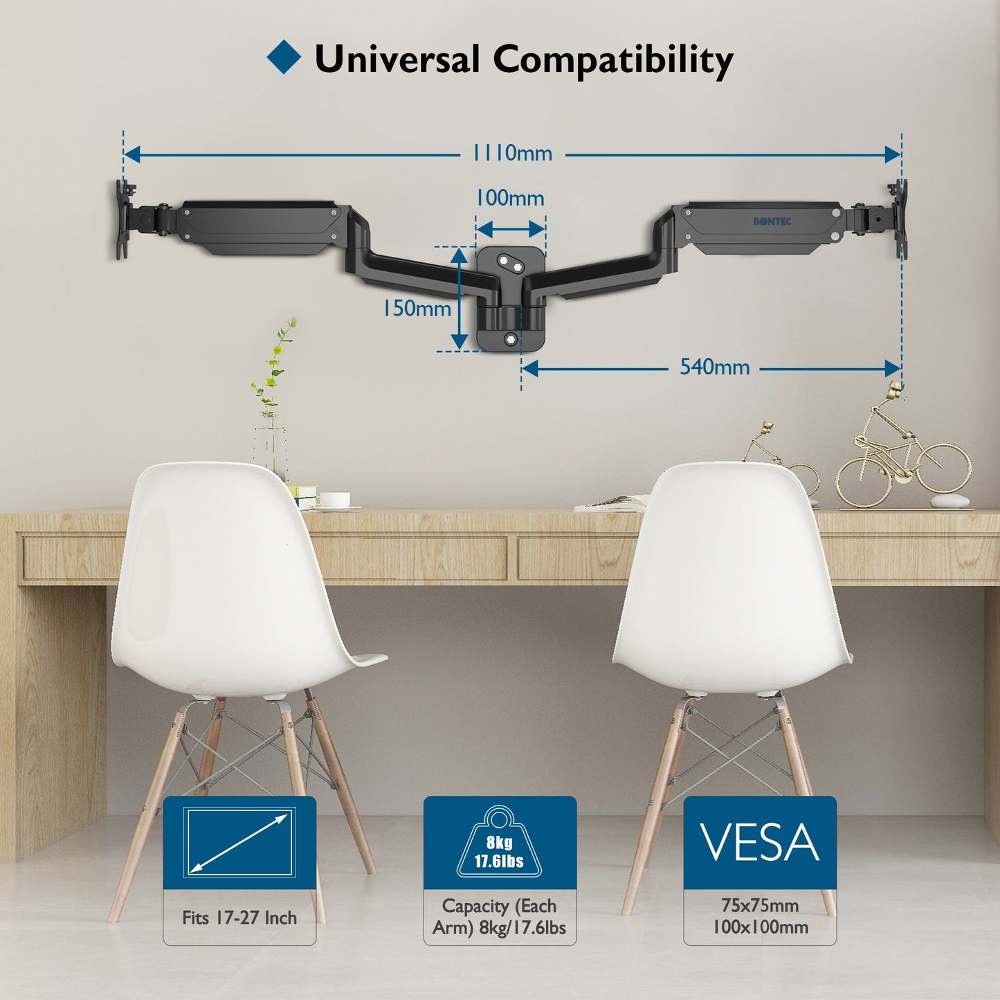 BONTEC Dual Monitor Wall Mount for 13-27 Inch Screens