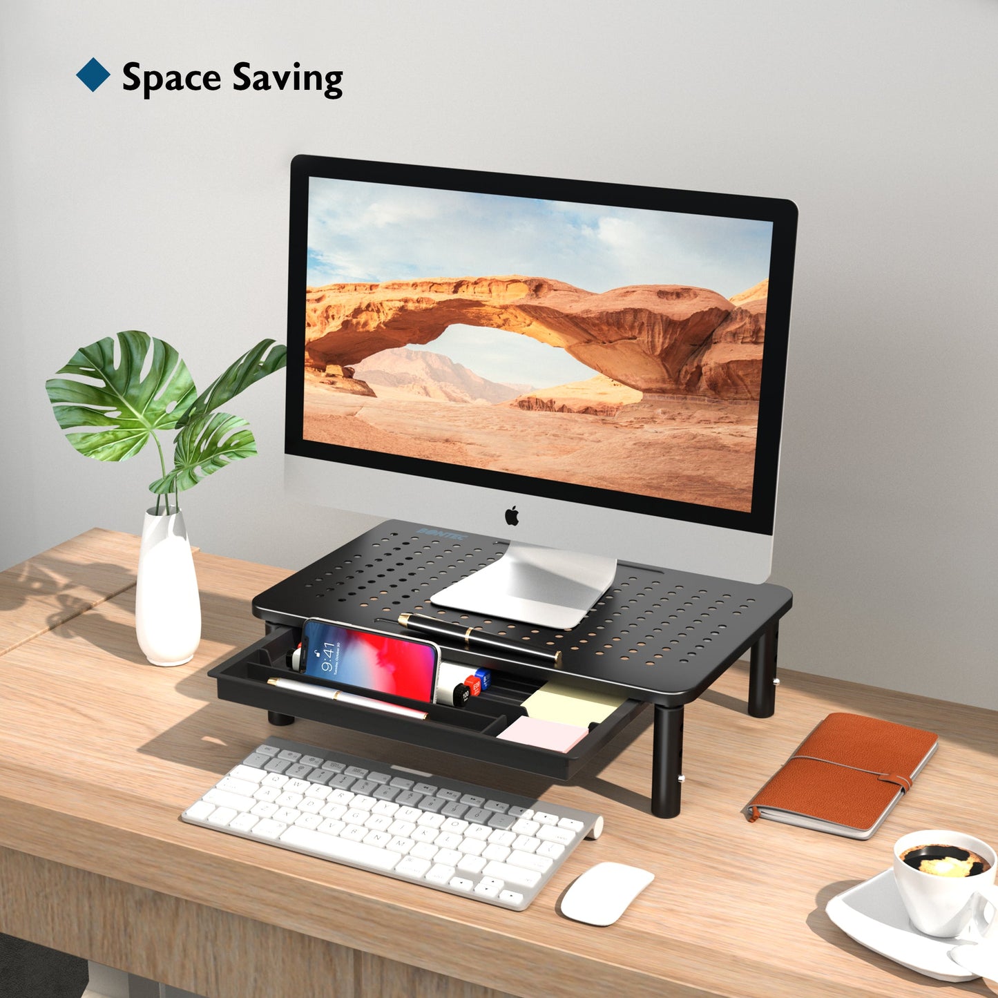 BONTEC Monitor Stand with Drawer, 3 Height Adjustable PC Monitor Riser for Desk with Mesh Platform for Laptop, Computer, iMac, PC, Printer up to 20KG, Cable Ties Included