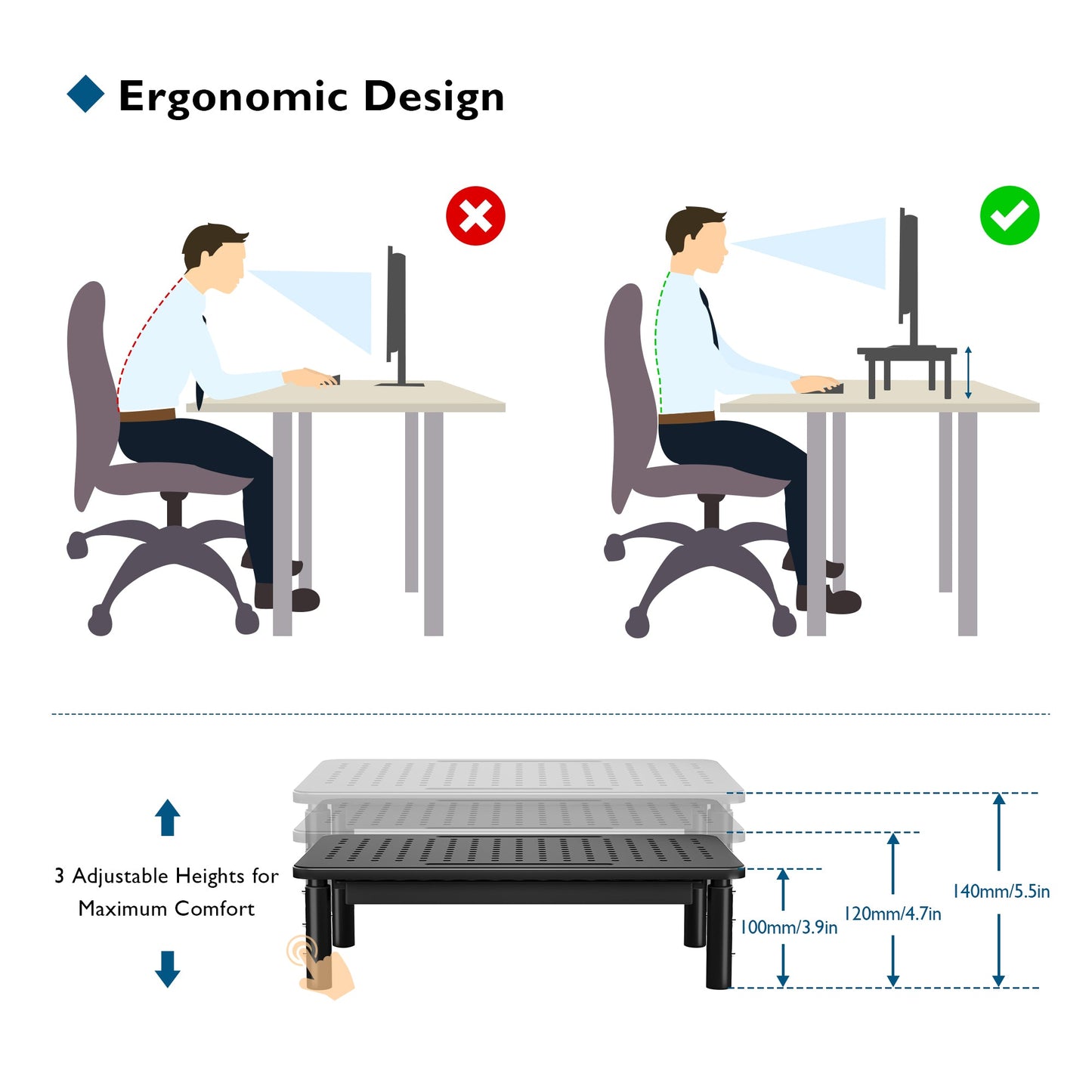 BONTEC Monitor Stand with Drawer, 3 Height Adjustable PC Monitor Riser for Desk with Mesh Platform for Laptop, Computer, iMac, PC, Printer up to 20KG, Cable Ties Included