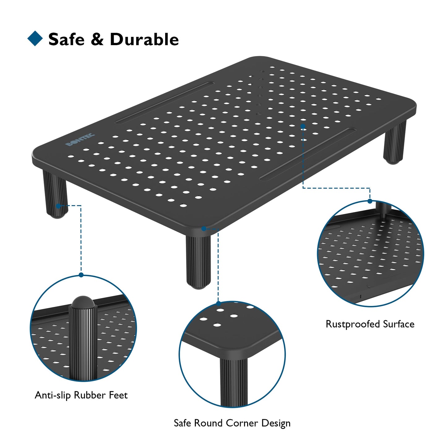 BONTEC Monitor Stand Riser, Computer Monitor Riser Stand with Mesh Platform for Laptop, Computer, iMac, PC up to 25KG with Pen Holder, Cable Management Slot