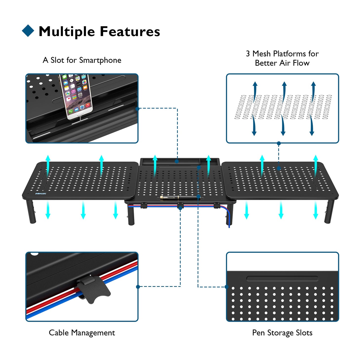 BONTEC Dual Monitor Stand Riser, 3 Height Adjustable Desktop Monitor Stand with Drawer, Mesh Platform Desktop Organizer Stand for Laptop, Computer, iMac, PC, Printer up to 20KG