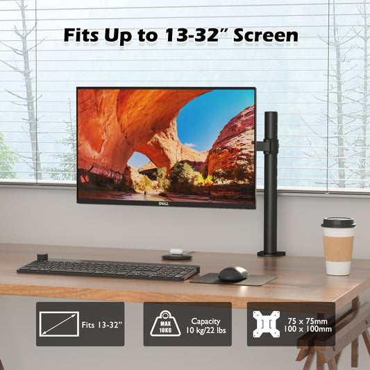 BONTEC  Single Monitor Arm Desk Mount for 13-32 Inch Screens, Height Adjustable, Tilt, Swivel, 360° Rotation, Steel VESA Mount up to 10kg, Fits 75x75/100x100mm, Ergonomic, Space-Saving, Durable Design