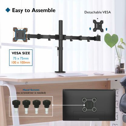BONTEC Dual Monitor Arm Desk Mount for 13–27 Inch Computer Screens, VESA 75x75/100x100, Full Motion Adjustable Monitor Arm with 360° Rotation, Height Adjustable up to 430mm, Max 10kg per Arm