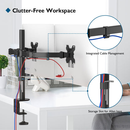 BONTEC Dual Monitor Arm Desk Mount for 13–27 Inch Computer Screens, VESA 75x75/100x100, Full Motion Adjustable Monitor Arm with 360° Rotation, Height Adjustable up to 430mm, Max 10kg per Arm