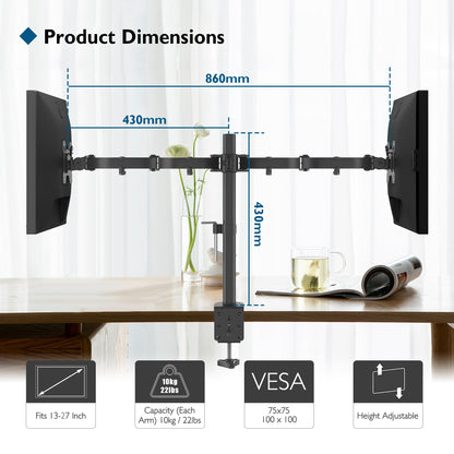 BONTEC Dual Monitor Arm Desk Mount for 13–27 Inch Computer Screens, VESA 75x75/100x100, Full Motion Adjustable Monitor Arm with 360° Rotation, Height Adjustable up to 430mm, Max 10kg per Arm