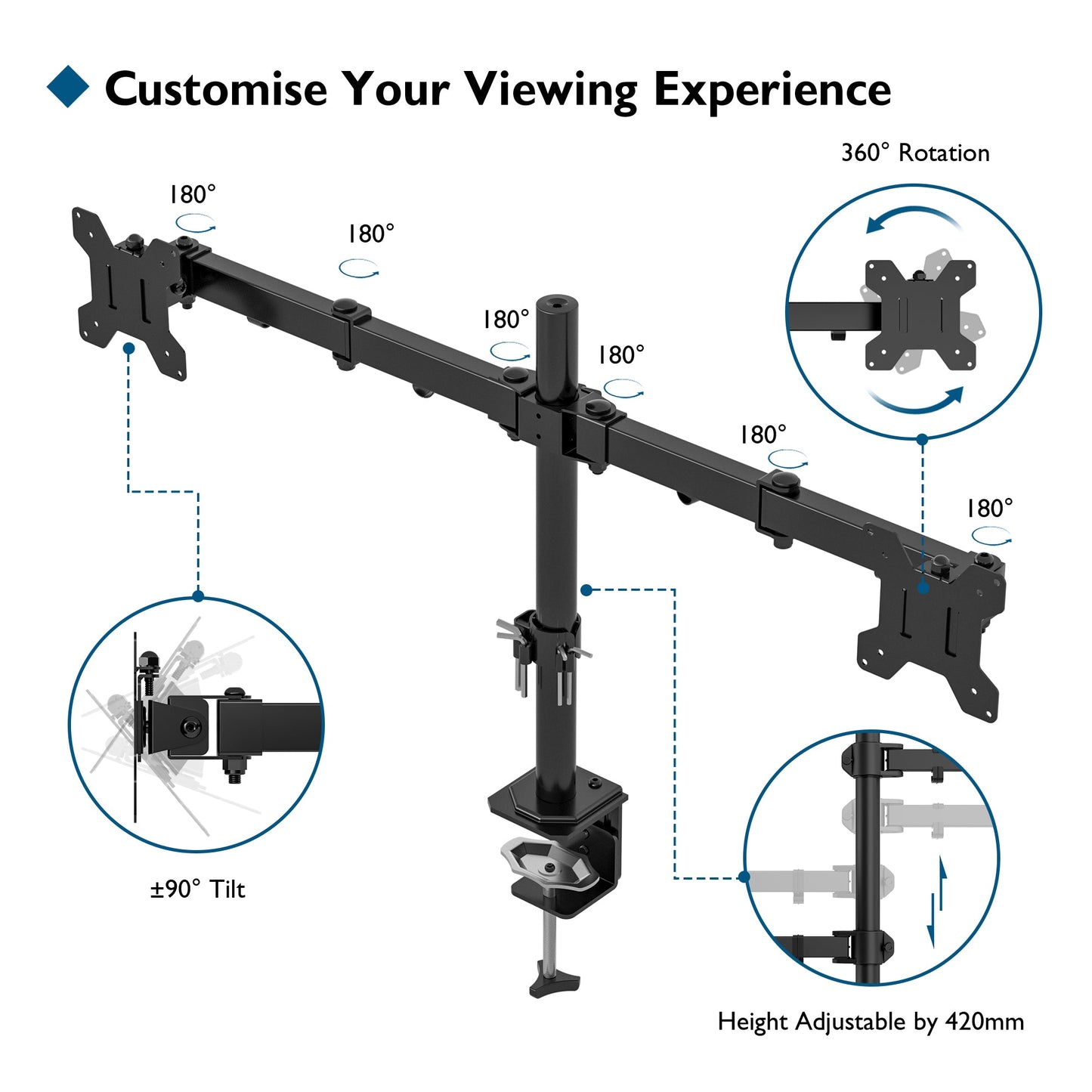 BONTEC Dual Monitor Stand for 13-27 inch LCD LED Screen, Tilt Swivel Rotation Double Arm PC Computer Monitor Arm up to 8kg, VESA Dimensions: 75x75-100x100mm