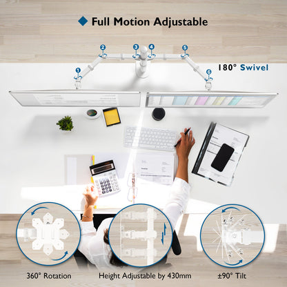 BONTEC Dual Monitor Arm Desk Mount for 13–27 Inch Computer Screens, VESA 75x75/100x100, Full Motion Adjustable Monitor Arm with 360° Rotation, Height Adjustable up to 430mm, Max 10kg per Arm