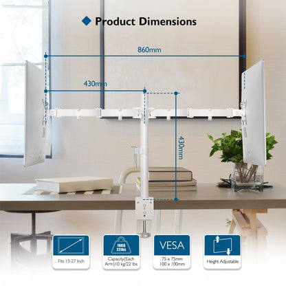 BONTEC Dual Monitor Arm Desk Mount for 13–27 Inch Computer Screens, VESA 75x75/100x100, Full Motion Adjustable Monitor Arm with 360° Rotation, Height Adjustable up to 430mm, Max 10kg per Arm