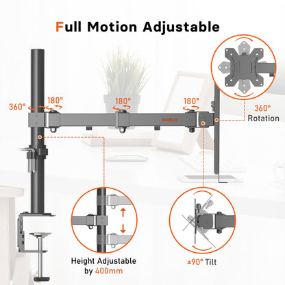 Redbat Laptop Arm for Laptop/Notebook up to 17 inch, Height Adjustable Laptop Arm for Desk Weight up to 8kg, Laptop Mount with 2 Mounting Options, VESA 75/100 for Monitor 13-32 inch