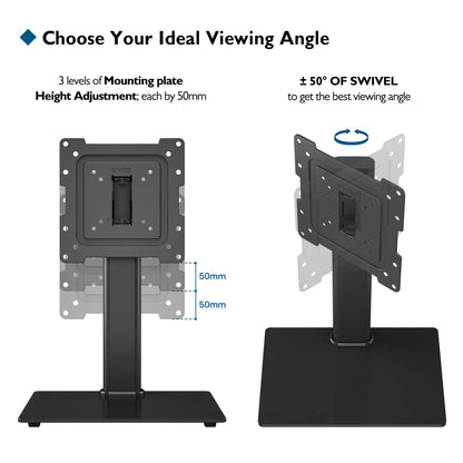 BONTEC Universal Swivel TV Stand for 17-43 inch Screens, Height Adjustable Table Top Pedestal TV Stand for LCD/LED/OLED/Plasma/Curved TVs up to 45kg, 2 Cable Ties Included