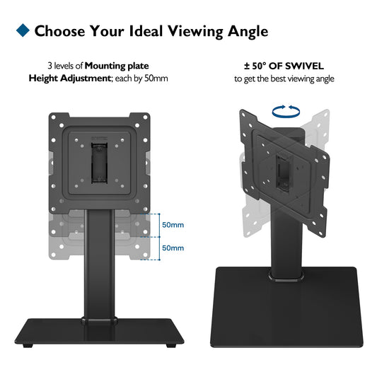 BONTEC Universal Swivel TV Stand for 17-43 inch Screens, Height Adjustable Table Top Pedestal TV Stand for LCD/LED/OLED/Plasma/Curved TVs up to 45kg, 2 Cable Ties Included