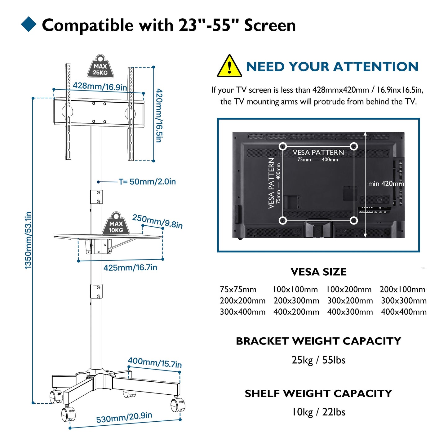 BONTEC Mobile TV Stand on Wheels for 23-55 inch Plasma/LCD/LED TVs