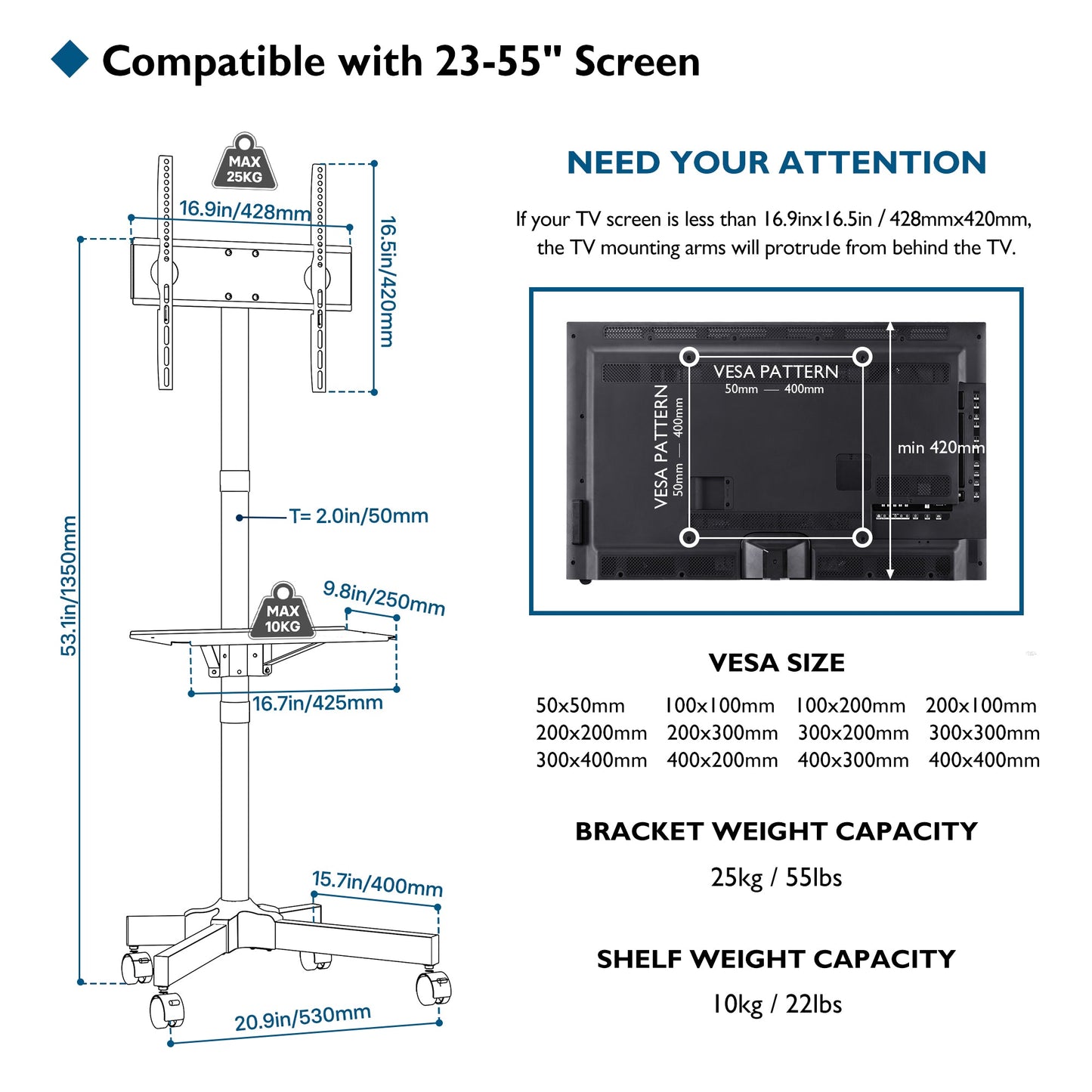 BONTEC Mobile TV Stand on Wheels for 23-55 inch Plasma/LCD/LED TVs