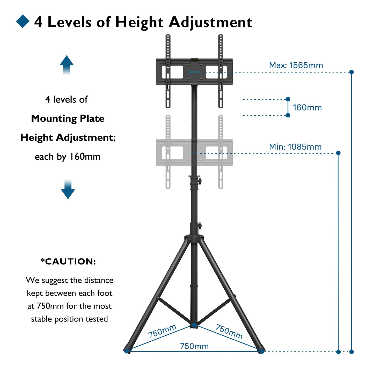 BONTEC Tripod TV Stand for most 32-60 inch Flat&Curved Plasma/LCD/LED Screens, Portable Home Display Floor TV Stand Swivel Tilt Height Adjustable with Bracket Mount Hold up to 45kgs Max VESA 400x400mm