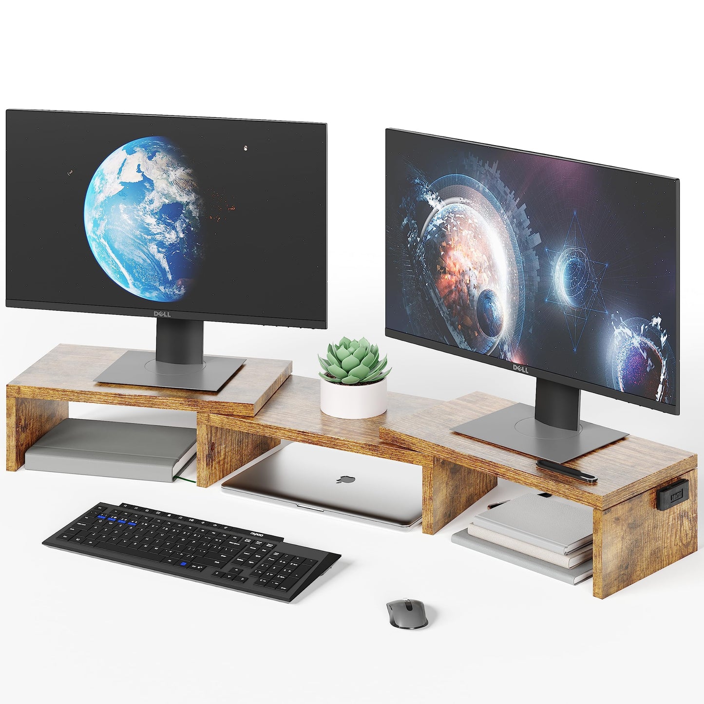 BONTEC Dual Monitor Stand Riser, Adjustable Length & Angle, Ergonomic Desk Organizer with Smartphone Holder, Extra Storage & Cable Management, Wooden Monitor Riser for Laptop, Printer & Monitor