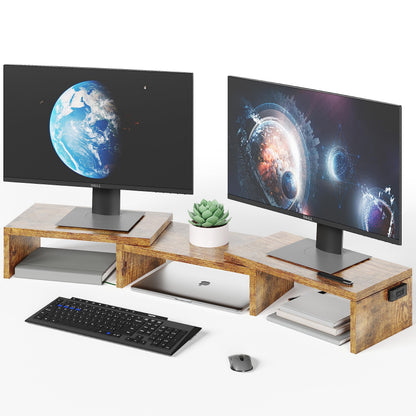 BONTEC Dual Monitor Stand Riser, Adjustable Length & Angle, Ergonomic Desk Organizer with Smartphone Holder, Extra Storage & Cable Management, Wooden Monitor Riser for Laptop, Printer & Monitor