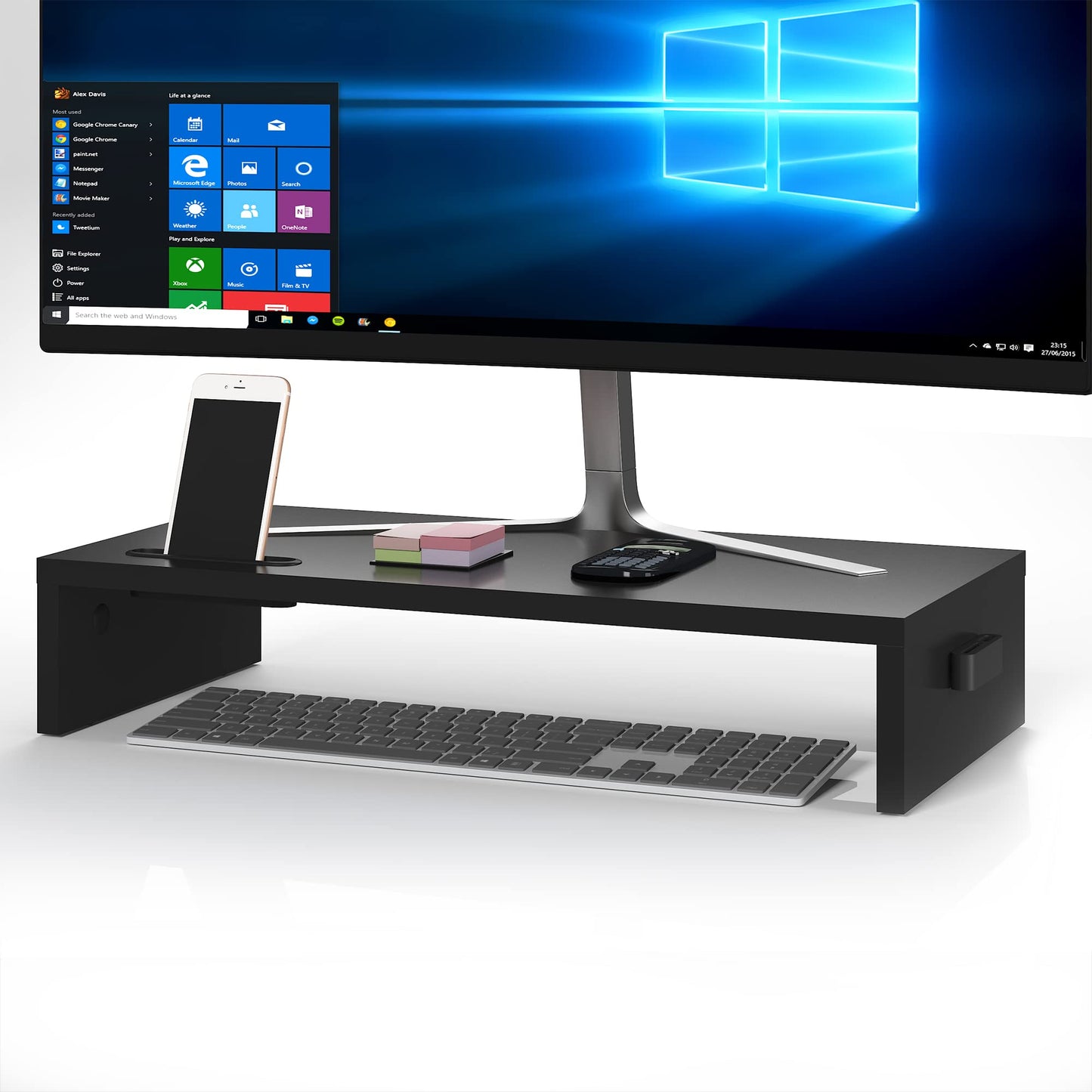 BONTEC Wood Monitor Stand Riser with Smartphone Holder, Ergonomic Laptop Desk Printer Stand with Cable Management for Computer, Notebook, iMac, PC, 1 Tier Black (W420 x D235 x H104mm)