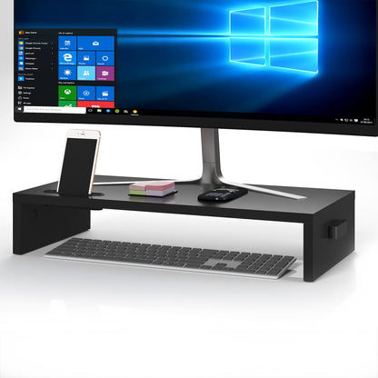 BONTEC Wood Monitor Stand Riser with Smartphone Holder, Ergonomic Laptop Desk Printer Stand with Cable Management for Computer, Notebook, iMac, PC, 1 Tier Black (W420 x D235 x H104mm)
